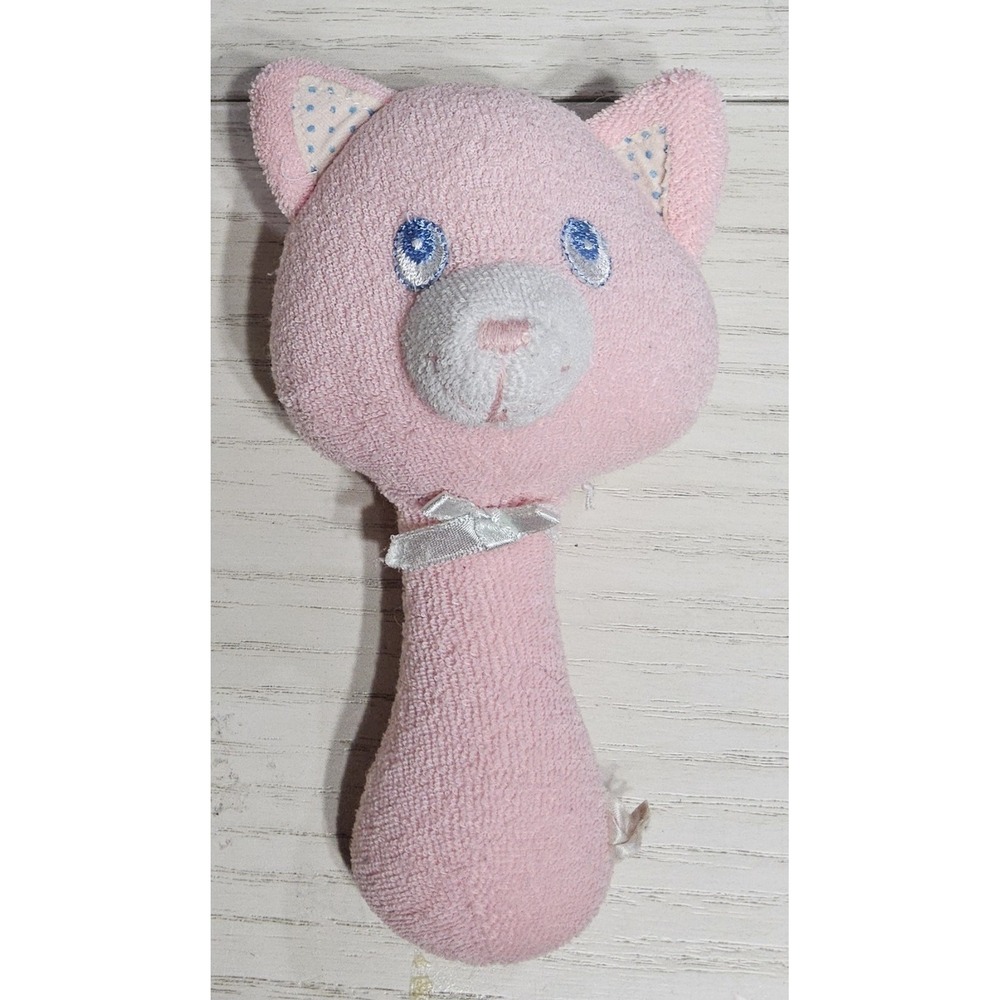 Vtg Russ Plush Terry Cloth Rattle Cat‎ 5.5" Stuffed Animal Toy Pink Baby Girl